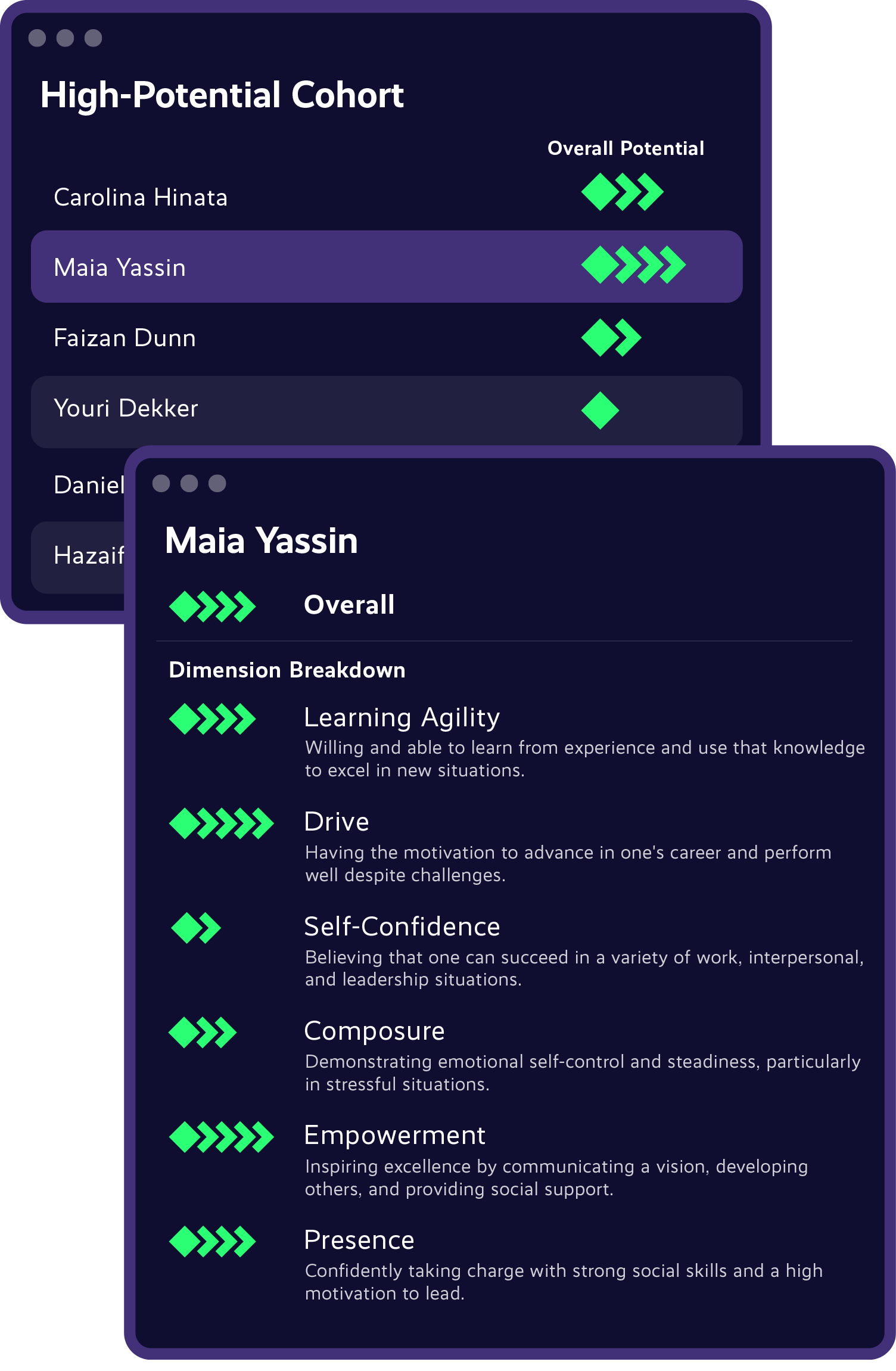 Example of a Leadership Potential cohort and a breakdown of leadership dimensions for a high potential candidate.